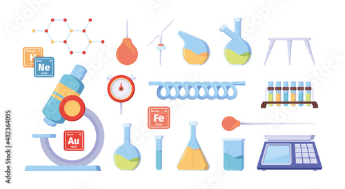 Scientist equipment. Chemical laboratory equipment medical exploration workplace items garish vector flat pictures collection