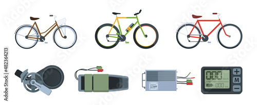Electro bike. Eco urban transport moving from electricity bicycle equipment wheels motor gears pedals engine garish vector flat illustration