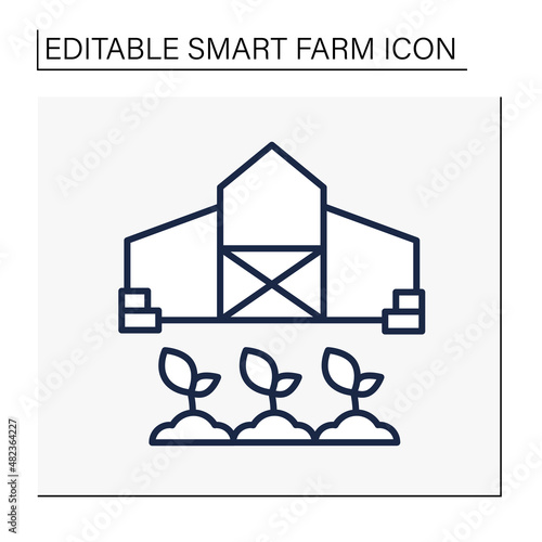 Barn line icon. Storage house and field with plants. Farming. Agriculture. Smart farm concept. Isolated vector illustration. Editable stroke