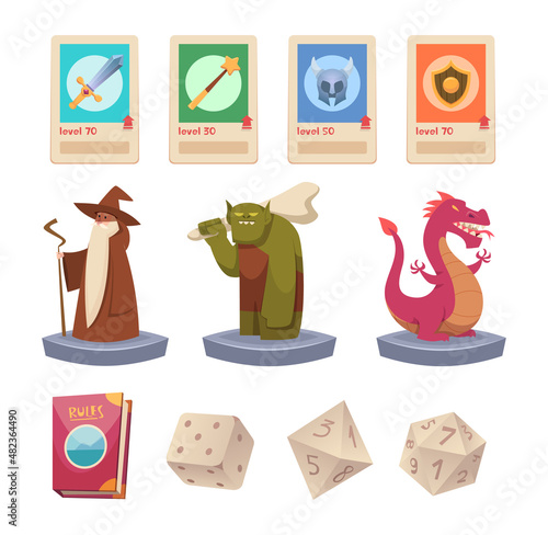 Role play games. Dnd polygonal dice for multiplayer fantasy games rpg enemy fairytale medieval adventure symbols exact vector cartoon illustration