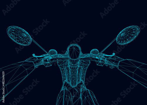 Wireframe of a man riding a motor scooter from blue lines isolated on a white background. First-person view. 3D. Vector illustration