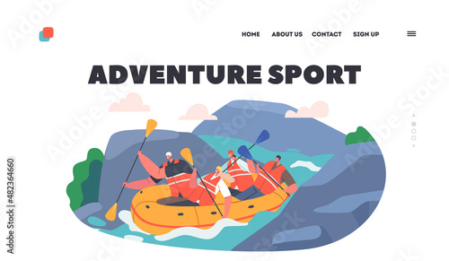Rafting Adventure Sport Landing Page Template. Sportsmen Rowing in Rubber Boat Down the Rocky Mountain River