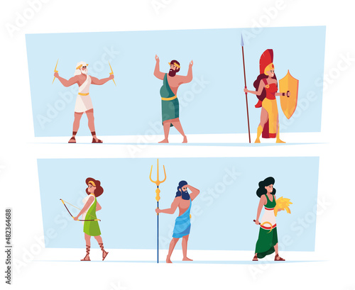 Greek mythology characters. Ancient goddess from pantheon romans persons hestia mars female godly on olympus garish vector flat templates