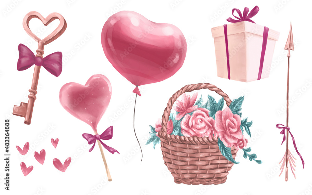 Valentines lovely set with key, floral basket, sweet heart candy, gift box, cupid arrow isolated. Watercolor holiday hand drawn illustration. For Valentine day card, invitation, print, package design.