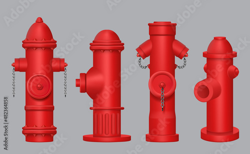 Fire hydrant. Red construction with valves street pipes for water decent vector realistic illustration