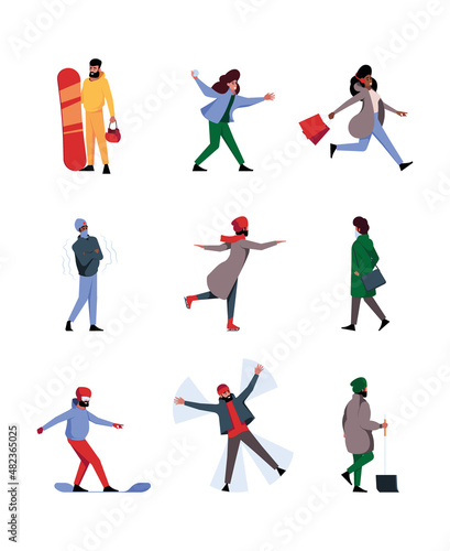 Xmas people. Wintertime cold season characters walking sliding action running happy celebration time garish vector xmas persons