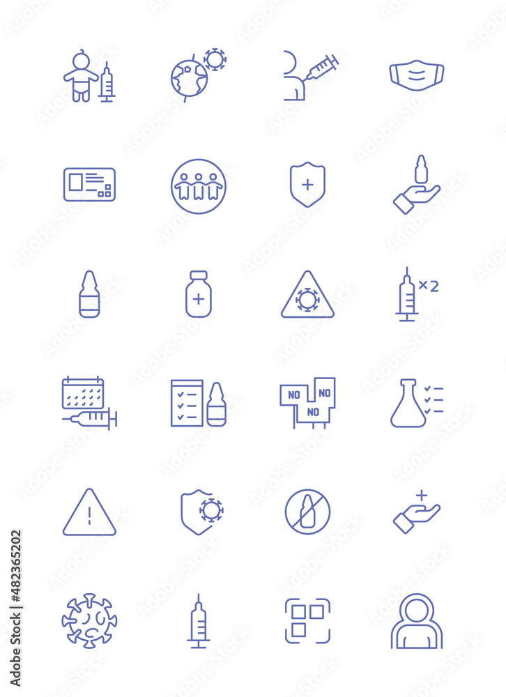 Vaccination symbols. Medical epidemic protection covid 19 injection syringe warning therapy health treatment garish vector linear icon set isolated Vaccination symbols. Medical epidemic protection covid 19 injection syringe warning therapy health treatment garish vector linear icon set isolated