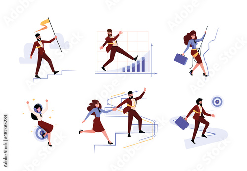 Business goals. Successful managers team and bosses moving to goals diversity targets job active journey garish vector business concept characters