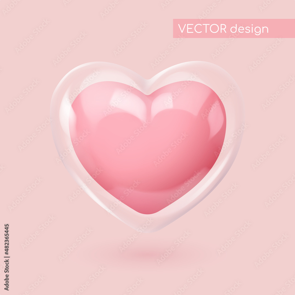 Realistic pink candy heart in glass. Look like 3d. Symbol of love. Be my Valentine. Vector illustration for card, party, design, flyer, poster, decor, banner, web, advertising.