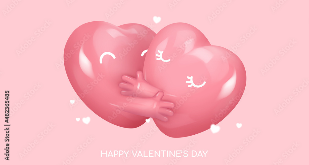 Couple hugging pink glossy candy hearts with closed eyes and hands. Symbol of love. Be my Valentine. Vector illustration for card, party, design, flyer, poster, decor, banner, web, advertising.