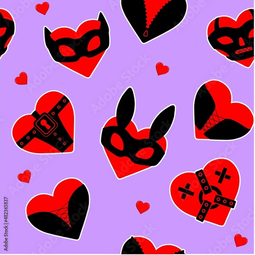Seamless background: masked heart, adult role-playing games. Template for erotic content. Vector illustration. Print, poster, t-shirt, card. 