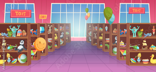 Toys for kids. Shelves in game store interior different toys for happy kids dinosaurs robots bricks transport and soft animals exact vector colored background in cartoon style