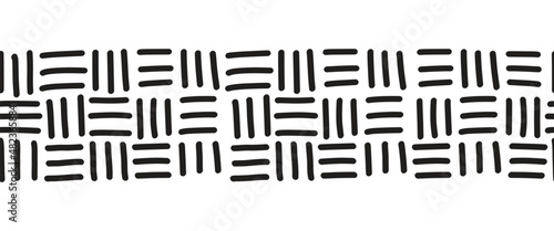 Seamless vector border hatch woven geometric texture. Black hatched lines in square grid design on white repeating horizontal pattern. Modern, monochrome, minimal, abstract, woven style design.