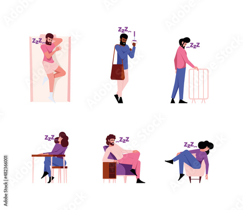 Sleeping people. Tired persons in transport sleeping gestures lazy characters on pillow in various poses garish vector flat colored pictures