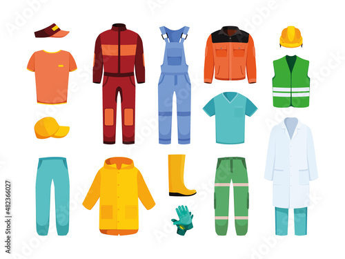 Industrial workwear. Jackets pants helmets professional clothes suit for workers couriers builders doctors uniform garish vector fashioned collection