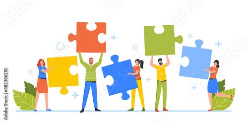 Businesspeople, Coworking Teamwork Cooperation, Collective Work, Partnership Concept. Office People Setting Up Puzzle