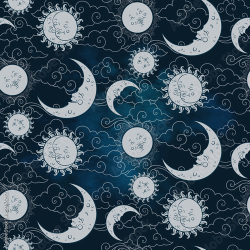Vector seamless pattern with baby celestial bodies - moon, sun stars and clouds. Pastel hand drawn textile or wrapping design for kids