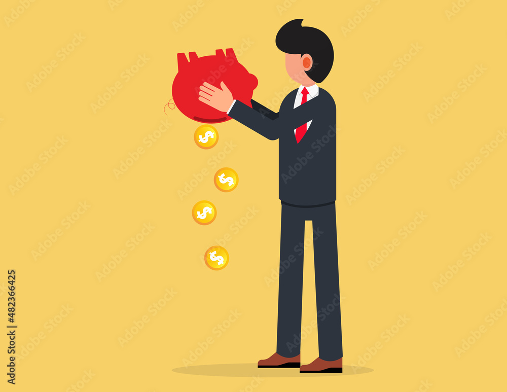 Businessman Taking Money Out of Piggy Bank. Financial crisis concept. Flat style vector illustration isolated on yellow background. Businessman Taking Money Out of Piggy Bank. Financial crisis concept. Flat style vector illustration isolated on yellow background.
