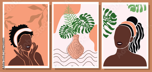 Abstract female portraits. Minimalism. Contemporary art posters set. Vector illustration