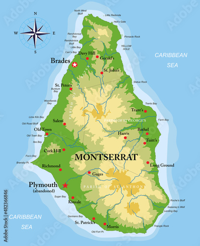 Montserrat island highly detailed physical map photo