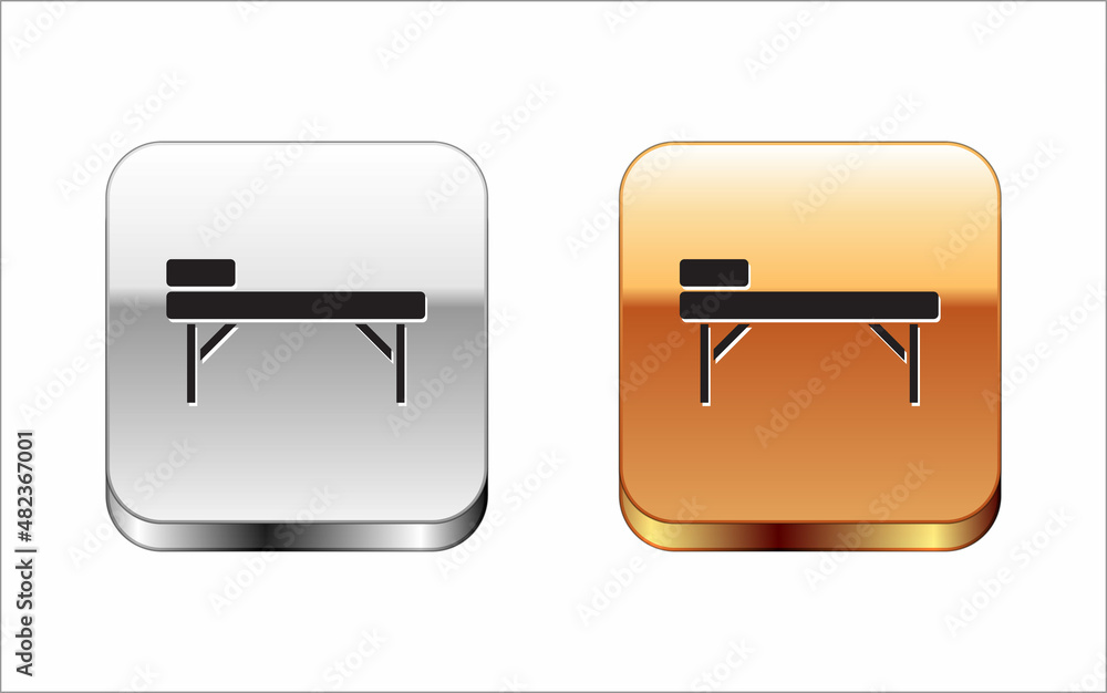 Black Massage table icon isolated on white background. Silver-gold square button. Vector Black Massage table icon isolated on white background. Silver-gold square button. Vector