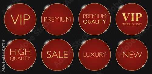 set of round vip round gold frame with red banners on black background	