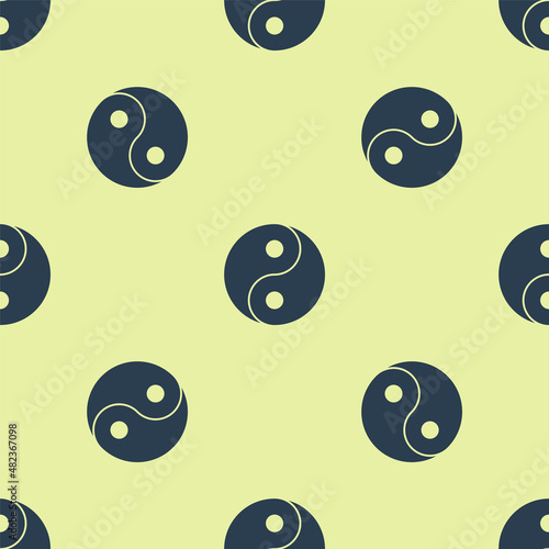 Blue Yin Yang symbol of harmony and balance icon isolated seamless pattern on yellow background. Vector
