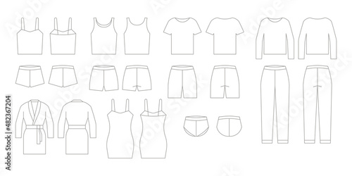 Clothes for sleep shirt and shorts sleepwear, pajamas dresses, nightshirt, bathrobe, chemise, technical outline drawing. Sleepwear front, back view for woman, mockup. Vector flat illustration