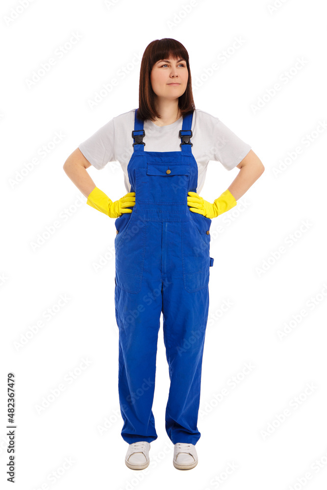 young female cleaner in blue robe uniform and yellow gloves isolated on white background young female cleaner in blue robe uniform and yellow gloves isolated on white background