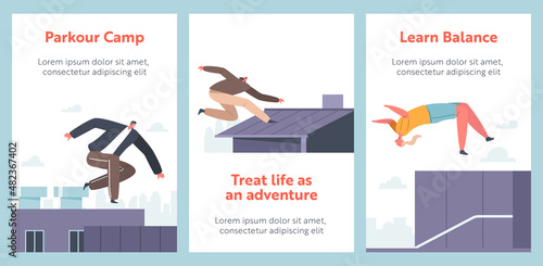 City Parkour Cartoon Banners Concept. Young Men and Women Jumping Over Walls or Barriers, Urban Sports, Active Lifestyle