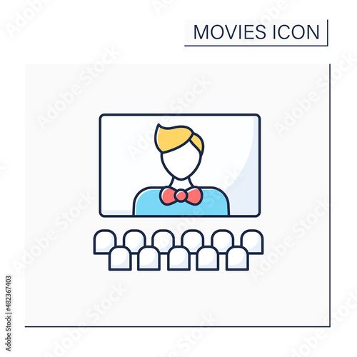 Character color icon. Actor in cinema. Play role of an imaginary person. Big image on screen. Movie concept. Isolated vector illustration