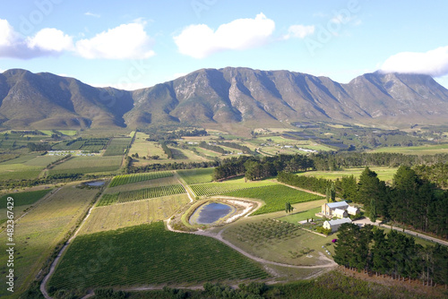 Aerial over vineyard in beautiful valley photo