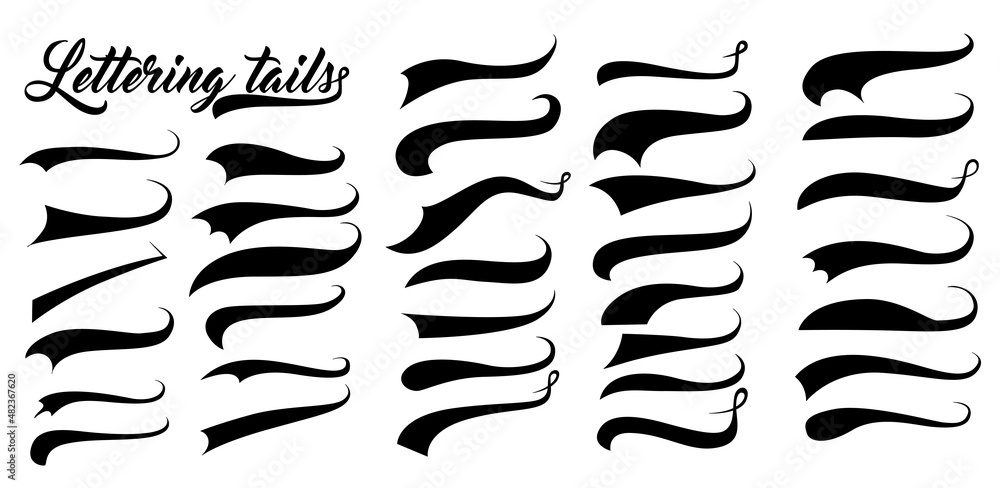 Swoosh and swash typography tails shape. Underline retro swoop wave line for athletic tshirt. Vector strockes set