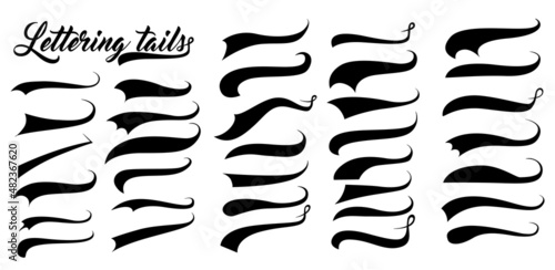 Swoosh and swash typography tails shape. Underline retro swoop wave line for athletic tshirt. Vector strockes set