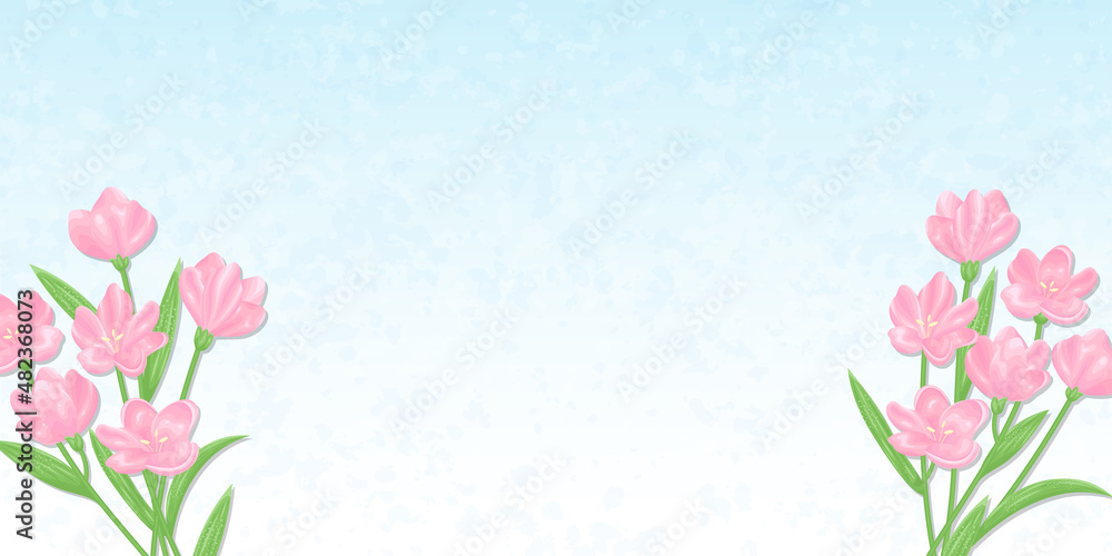 Naklejka premium ピンクの花と青空の背景 背景素材 ベクターイラスト バナーサイズ