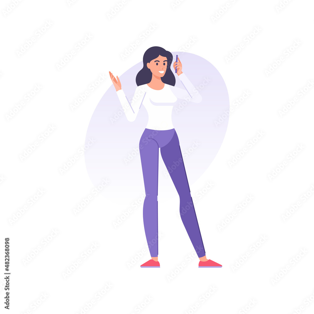Happy modern casual woman wearing jeans and white shirt talking smartphone hand gesticulate vector