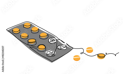 Pills, tablets, drugs in blister or foil package. One continuous line art drawing vector illustration of orange tablets in foil packaging