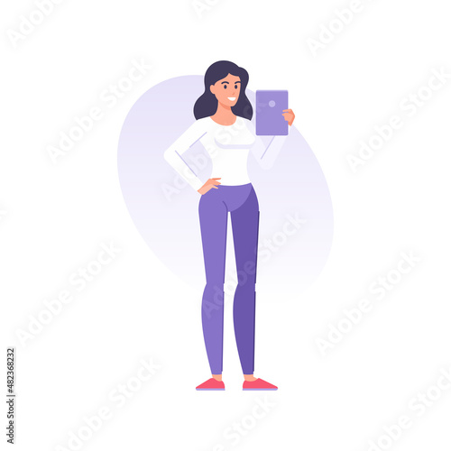 Happy modern casual woman carrying tablet pc enjoying digital display technology vector flat