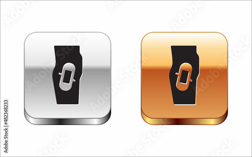 Black Plaster on leg icon isolated on white background. Silver-gold square button. Vector