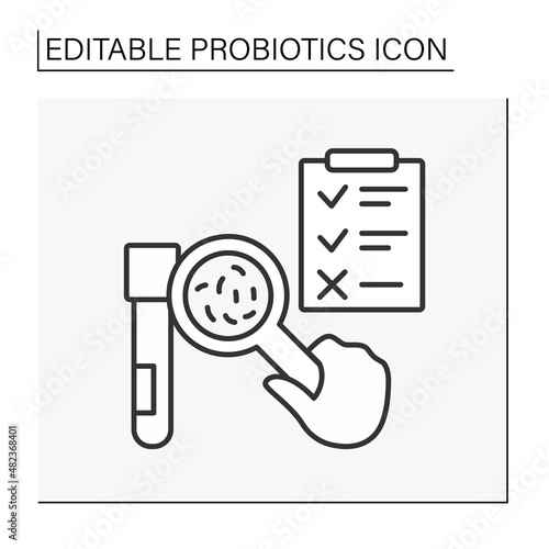  Researching line icon. Test tube with virus. Checklist. Probiotics concept. Isolated vector illustration. Editable stroke