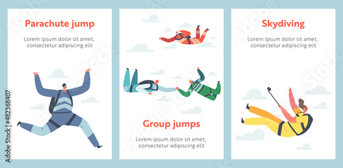 Parachuting Extreme Sport Cartoon Banners, Recreation. Skydiver Characters Making Protracted Jump with Parachute