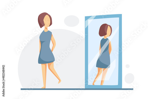 A lovely woman admires her reflection in a full-length mirror. Love yourself, self care, self acceptance concept. Vector cartoon illustration