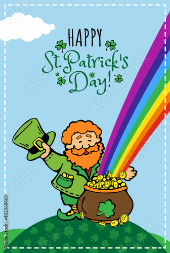 Greeting card with Happy St Patricks Day greeting and green leprechaun in the field with rainbow and pot of gold coins and quatrefoil