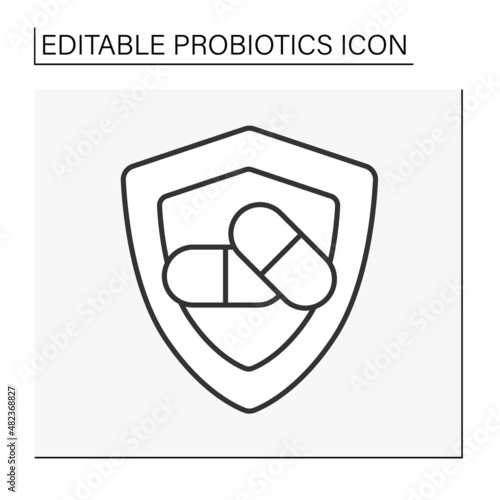  Treatment line icon. Protect the immune system by pills. Probiotics concept. Isolated vector illustration. Editable stroke