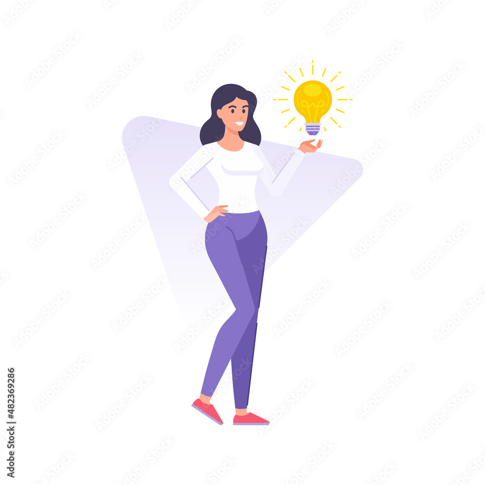 Happy woman leader holding light bulb having good idea innovation vector flat illustration Happy woman leader holding light bulb having good idea innovation vector flat illustration