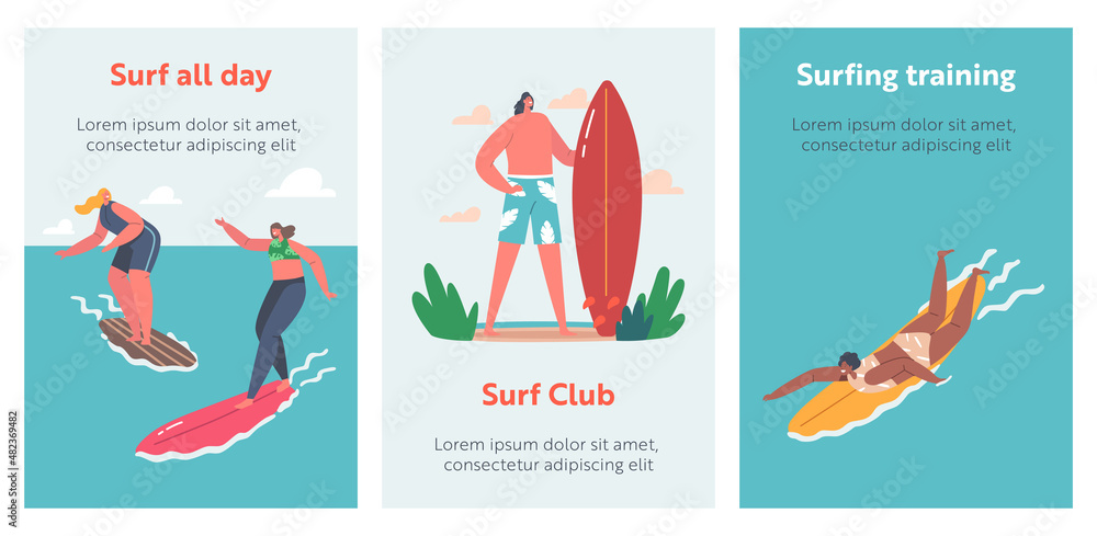 Surfing Sport Cartoon Banners. Surfers Male and Female Characters, Men and Women in Swimwear Riding Surf Boards by Waves