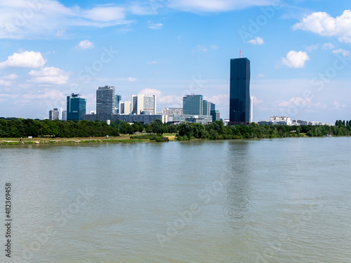 High-rise buildings on the banks of the Danube with Copa Beach, Donaucity, Vienna, Austria,