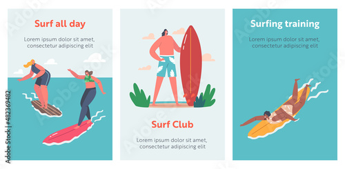 Surfing Sport Cartoon Banners. Surfers Male and Female Characters, Men and Women in Swimwear Riding Surf Boards by Waves
