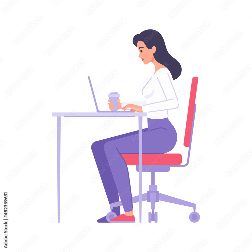 Smart female office worker sitting on chair at desk workspace with coffee paper cup side view vector Smart female office worker sitting on chair at desk workspace with coffee paper cup side view vector