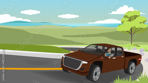 Fototapeta Naklejka Na Ścianę i Meble -  Driving men drive pickup truck car up to the hill. Curved asphalt road that cuts up the mountain. Landscape view of the mountains and the sea in the distance.